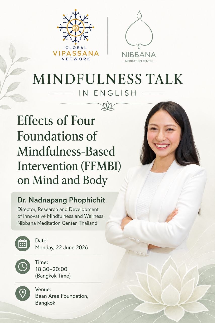 Mindfulness Talk in English event poster for Effects of Four Foundations of Mindfulness-Based Intervention on Mind and Body.